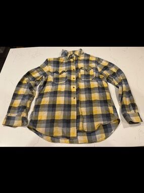 Merona Plaid Flannel Shirt Yellow Gray Button Front - Size Large L